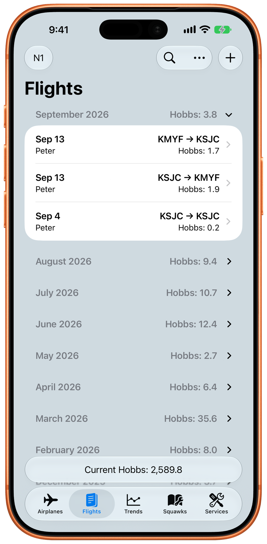 aeroLogbook Flight Log List on iPhone