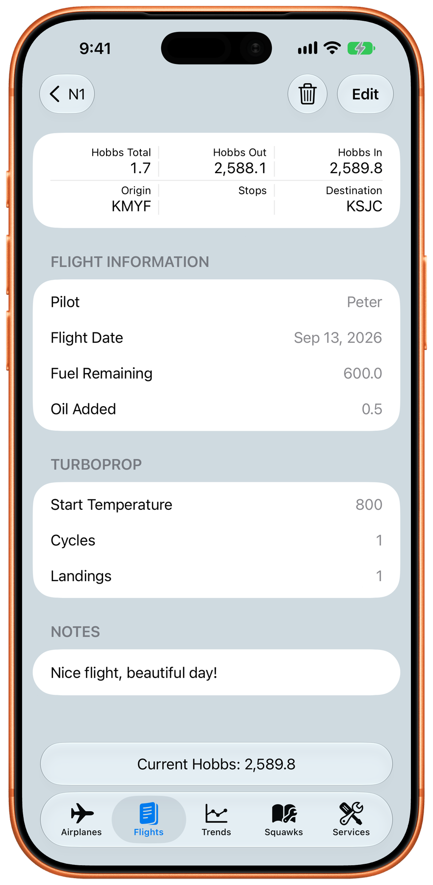 aeroLogbook Flight Log Detail on iPhone