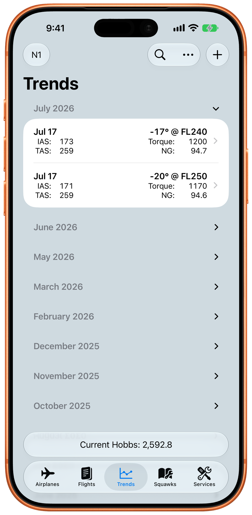 aeroLogbook Trend Log List on iPhone
