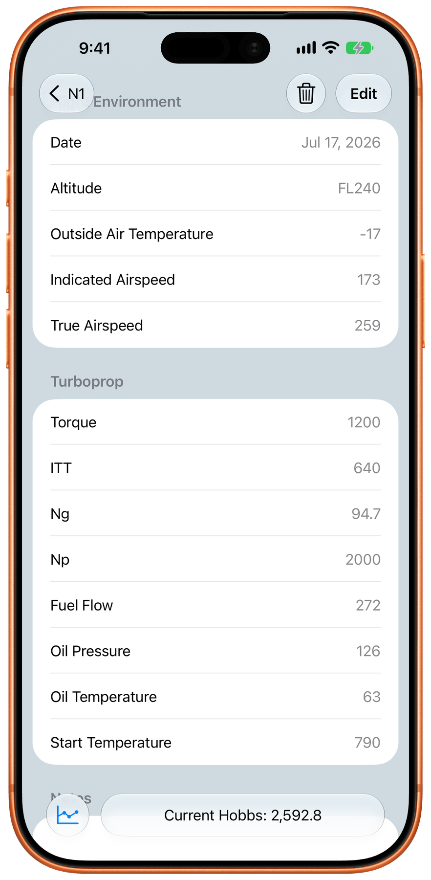 aeroLogbook Trend Log Detail on iPhone