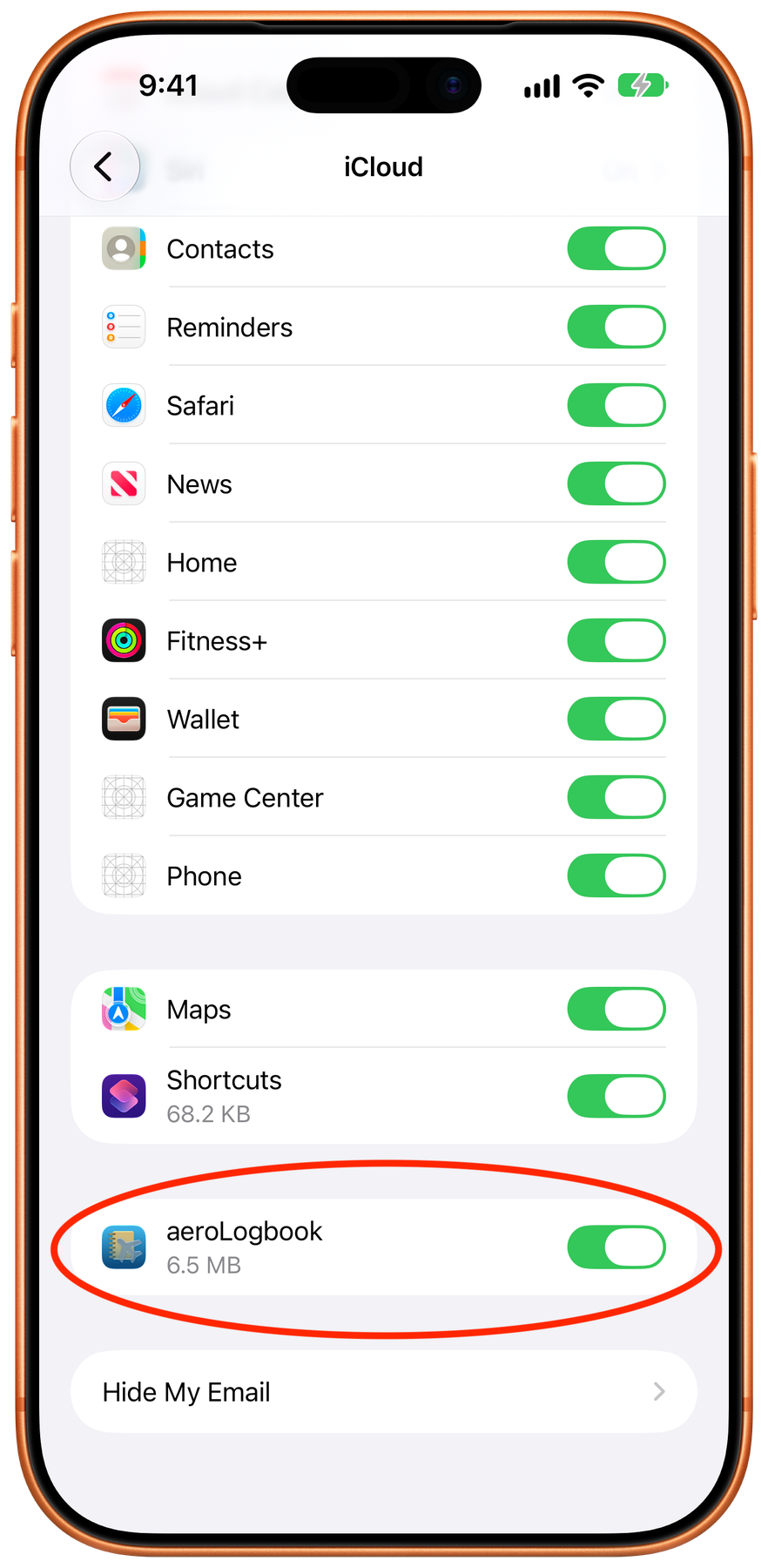 iPhone Settings showing the iCloud app list with aeroLogbook switched on