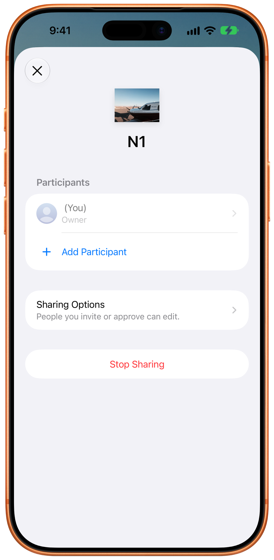 The sharing screen for aircraft N1, listing you as Owner under Participants, with Add Participant, Sharing Options, and Stop Sharing