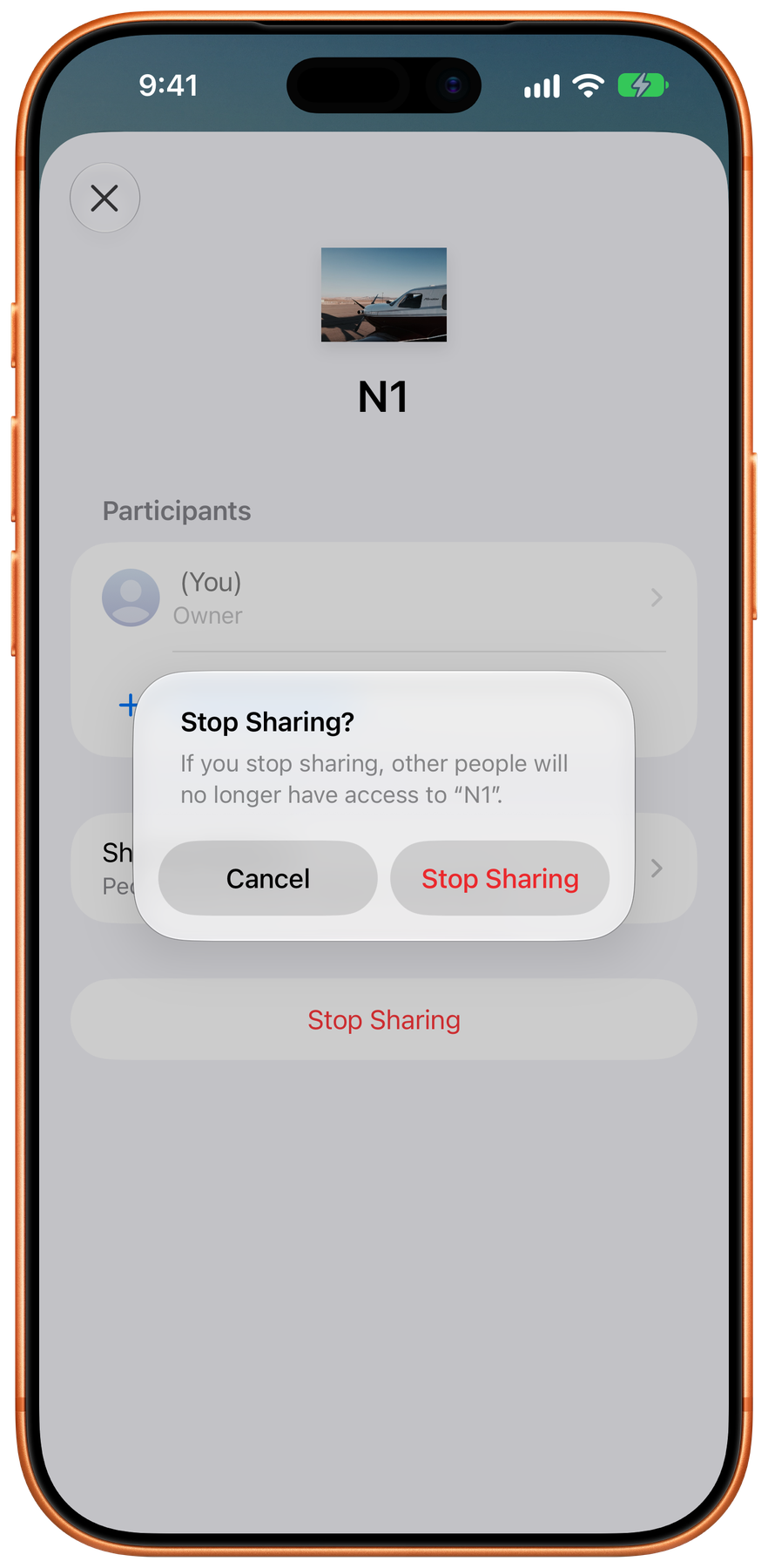 The Stop Sharing confirmation dialog in aeroLogbook, warning that other people will no longer have access